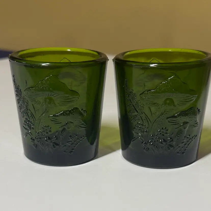 Green Glass Votive Candle Holders Toothpick Holder Mushroom Embossed Design 2.5"