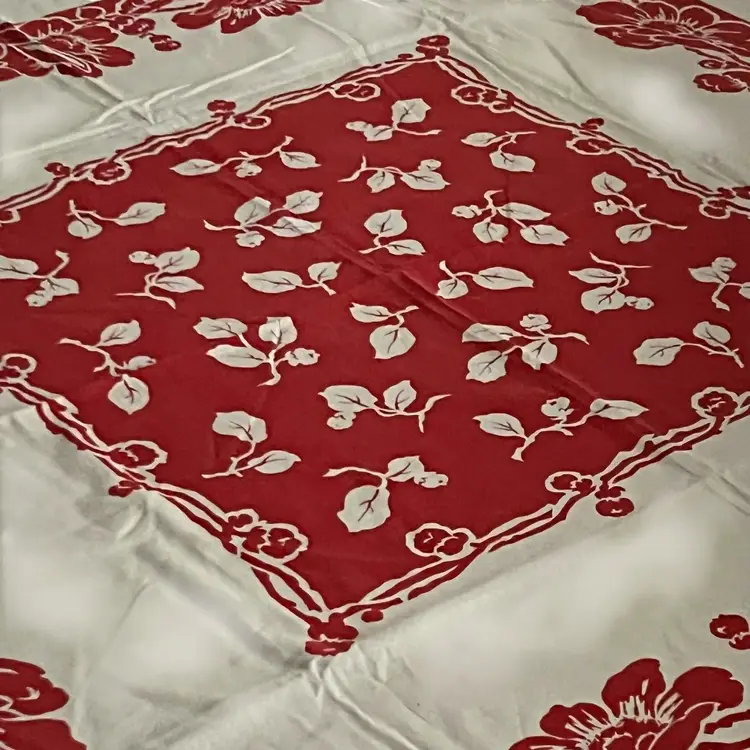 127 vintage 1950s cotton red and white floral 44" x 46" tablecloth