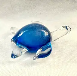 Murano Style Art Glass Blue & Clear Sea Turtle Sea Life Paperweight Figurine