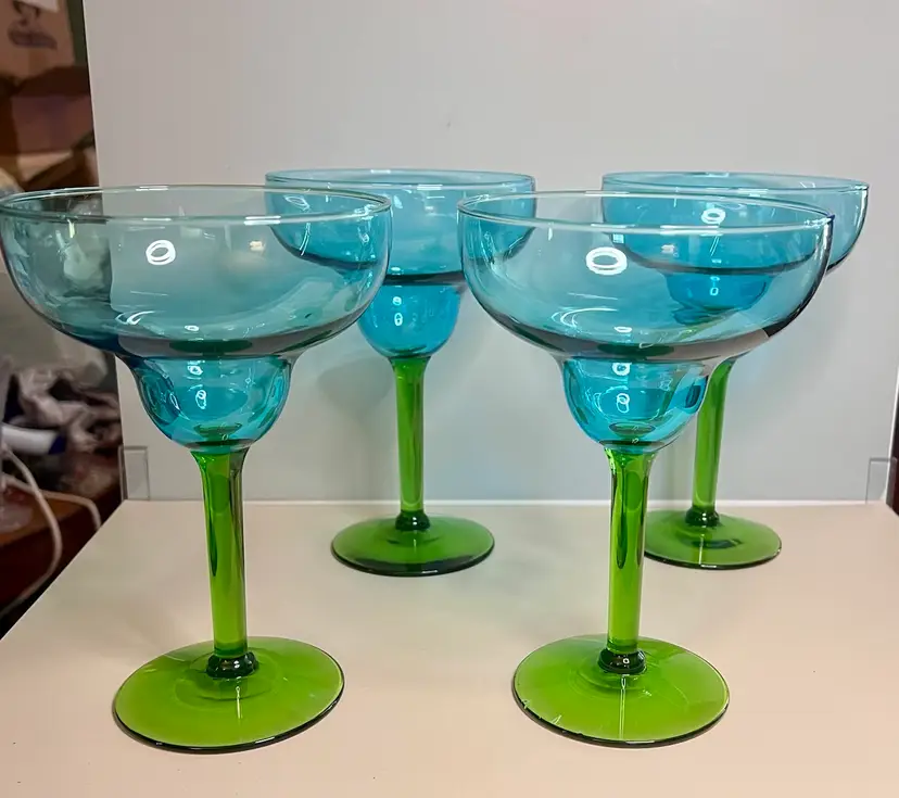 Vintage Set Of Four Turquoise Bowl And Green Stem Margarita Glasses