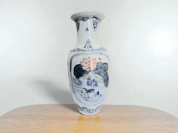 Chinese LOTUS FLOWER Porcelain 12" Tall Vase Blue and pink