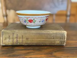 Vintage Japanese Hand-Painted Floral Bowl – 4.5" Porcelain Rice Bowl, Red & Blue Flowers, Orange Rim, Taishō–Shōwa Era, Small Decorative Bowl