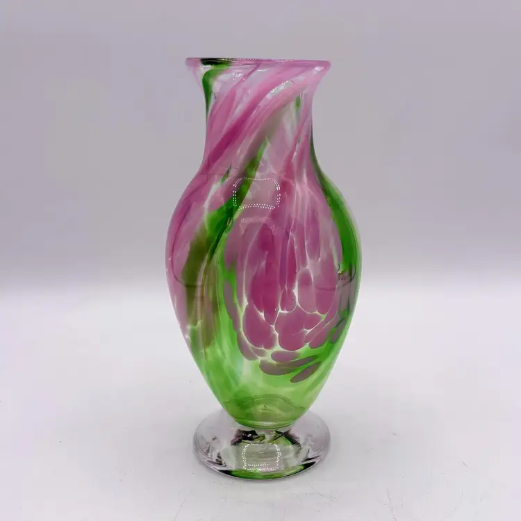 Allen Bush Stone Mountain Park SMP Studio Art Glass Pink Green White Clear Vase