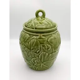 Vintage Franciscan Ceramic Green Ivy Leaf Embossed, Lidded Canister, Portugal