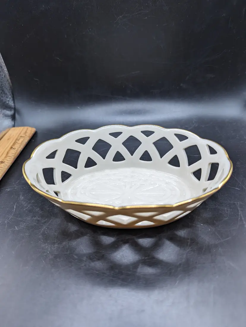 Lenox Wicker Collection, 5"  Pierced Oval Bowl With Gold Trim, Discontinued