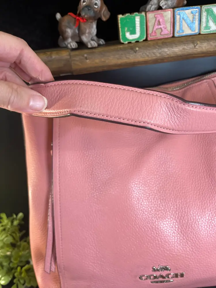 COACH-Dusty Pink Leather Orange Peel Textured Leather w/ Maroon Fabric Interior-Use as a Hand Bag or Over the Shoulder Purse