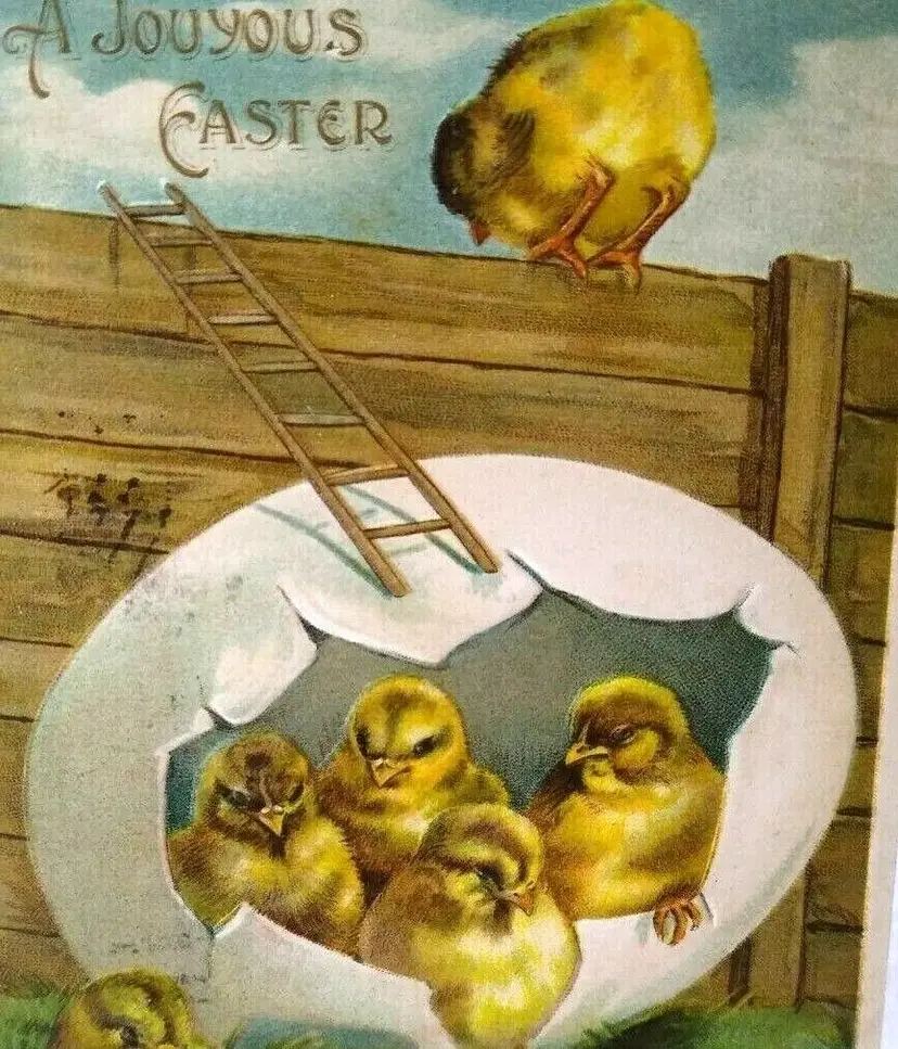 Easter Postcard Fantasy Baby Chicks Ladder Fence Cracked Egg Vintage Embossed