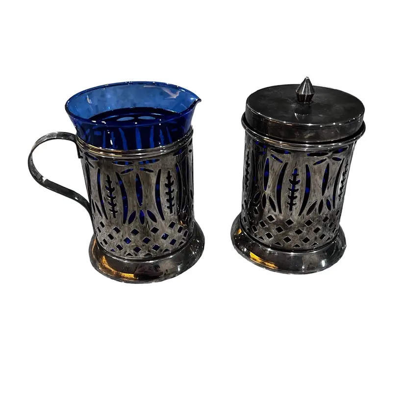 26 Vintage Cobalt, Blue Set, Silver Plated, Glass, Sugar, And Cream Creamer Set