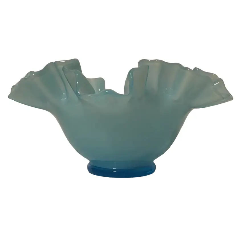 Vtg Blue Opaline Glass Ruffle Double Crimped Edge Bowl Candy Dish 7" Wide Fenton?