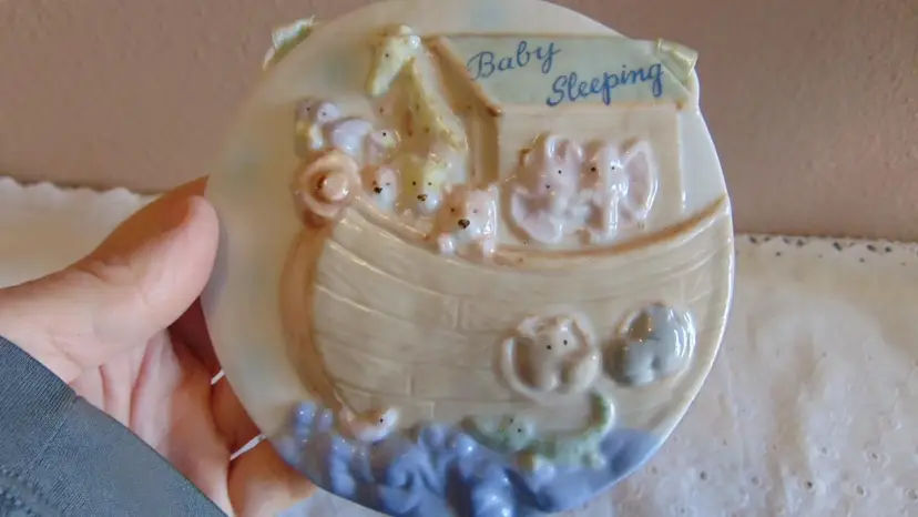 Darling pre owned Noah's Ark ceramic wall hanging for Babys room by CR Gibson- Babys Sleeping
