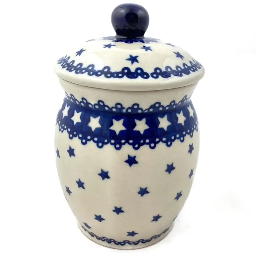 Polish Pottery Ginger Jar with lid hand crafted and painted stars 6" tall bottom chip