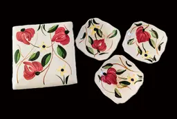 Rare VTG Blue Ridge Southern Pottery Floral Lidded Cigarette Box & 3 Matching Ashtrays