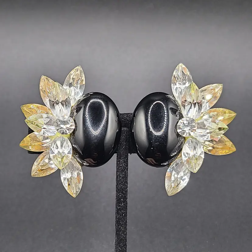 Wendy Gell Black Oval Clear Marquise Rhinestones Clip on Earrings 80's