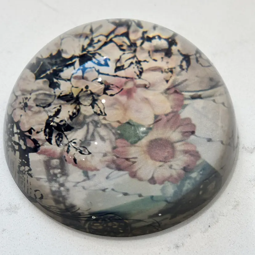Art Glass Half Dome Paperweight With Decoupage Inner Base  -3” W