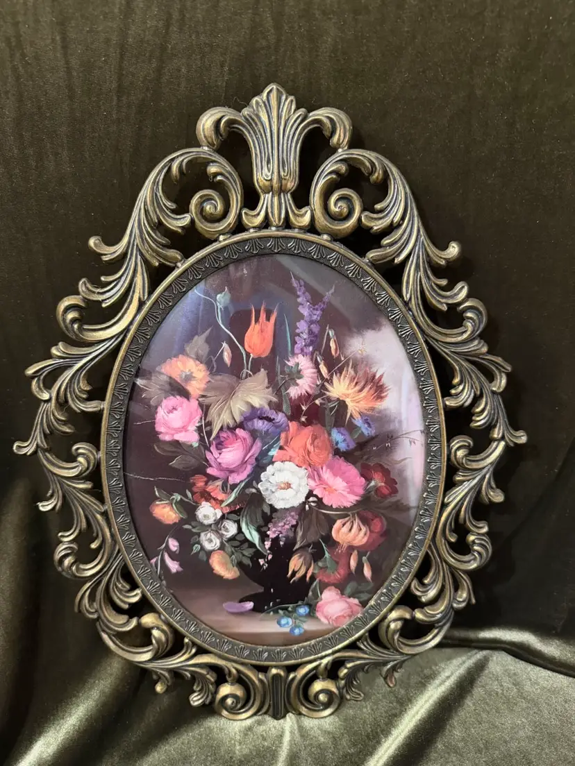 Gorgeous Vintage Italian made Ornate Brass Framed Floral Print ~13.5” x 10”