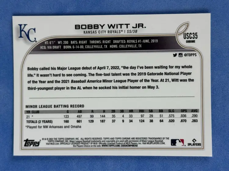 BOBBY WITT JR. 2022 Topps Chrome Update #USC35 Rookie RC Kansas City Royals