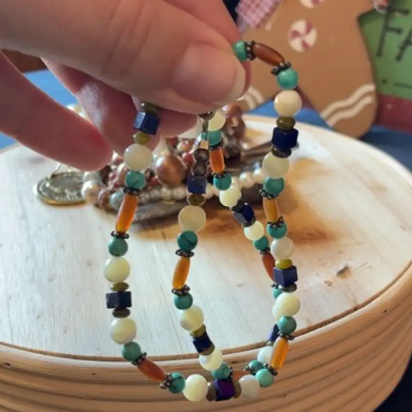 925 sterling tested lapis and amber stone 7” necklace or double bracelet