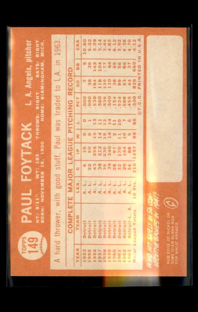 1964 Topps #149 Paul Foytack - (pk1) - Los Angeles Angels