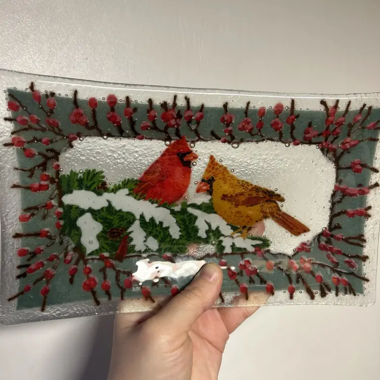 Beautiful Fused Glass Cardinal Bird Christmas Tray Home Decor