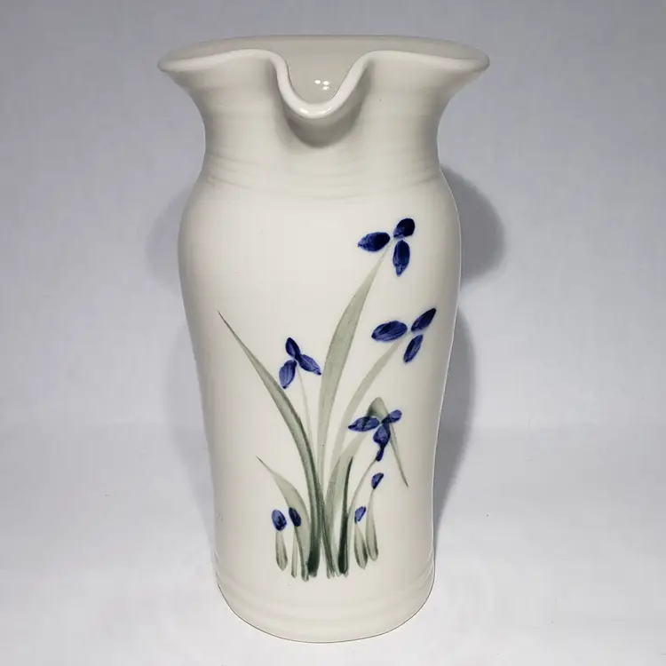 Studio Pottery White Blue Flowers Stoneware Pitcher Applied Handle Artist Signed