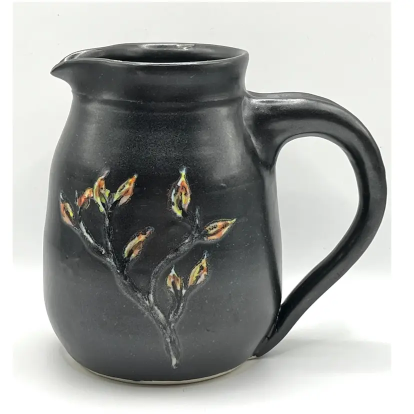 Studio Art Pottery Ceramic Pitcher Floral Double Sided Pattern Heavy Decorative Vase 5.5 in Height