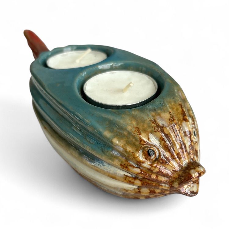 Stoneware Tea Light Puffer Fish Candle Holder Figurine