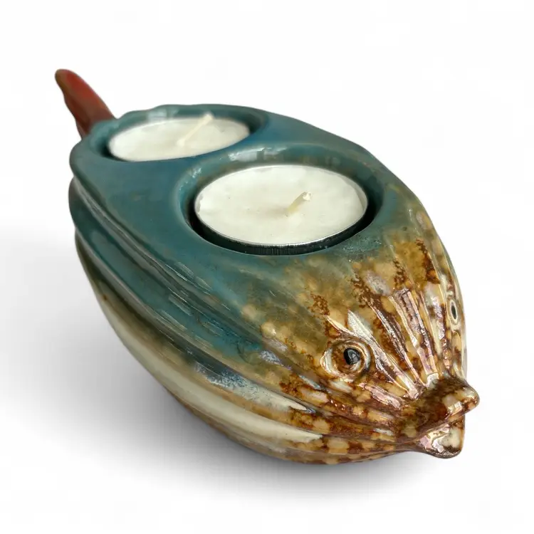 Stoneware Tea Light Puffer Fish Candle Holder Figurine