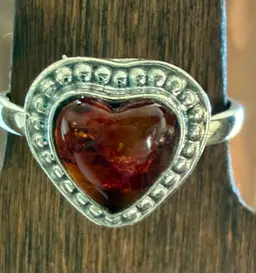 Sterling Silver Heart Shaped Amber Ring. Size 7