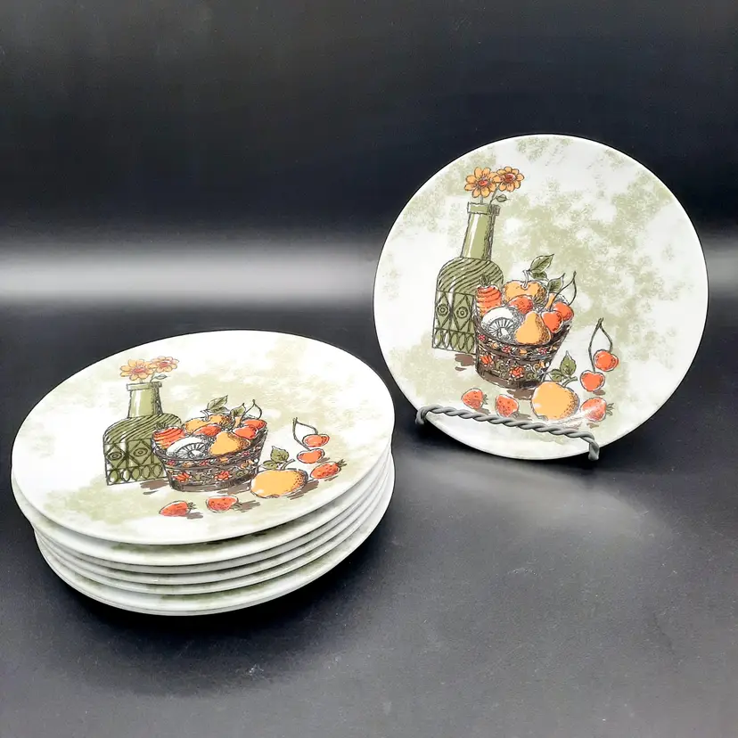 Vintage Texas Ware Melmac Melamine Fruit Basket Bottle Appetizer Snack Plates Set of 8