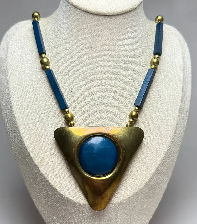 Vintage 30" Big & Bold Chunky Necklace Teal Blue Wood Brass Triangle Statement