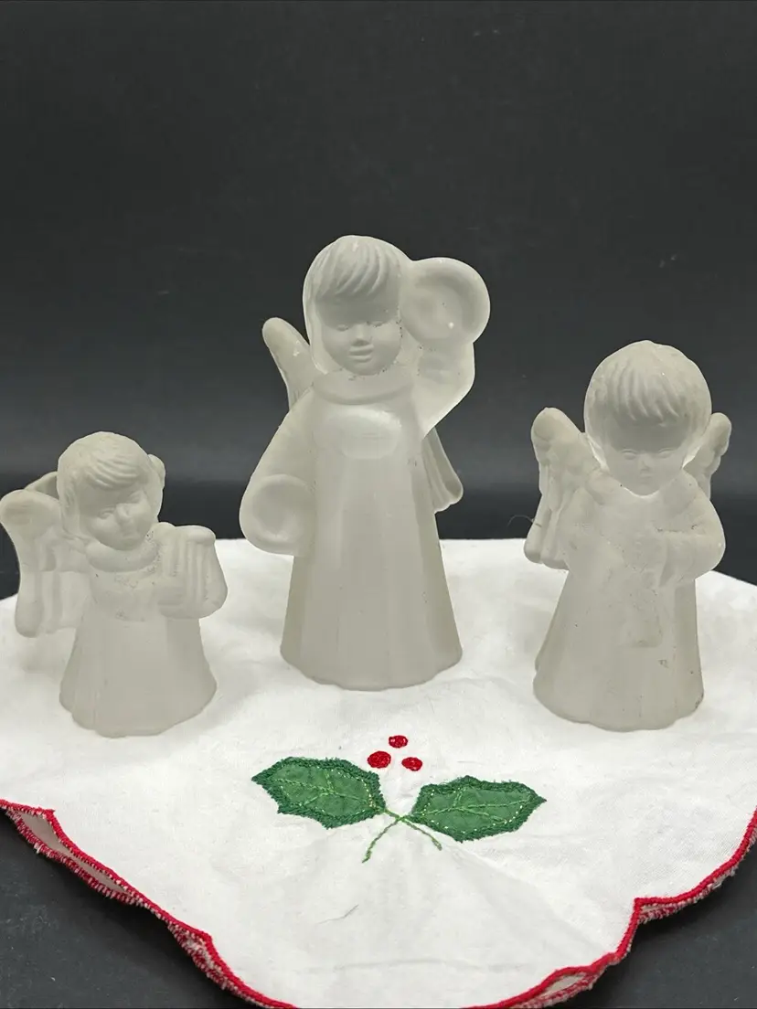 3 Vintage Frosted Glass Crystal Angel Candle Holders  Christmas