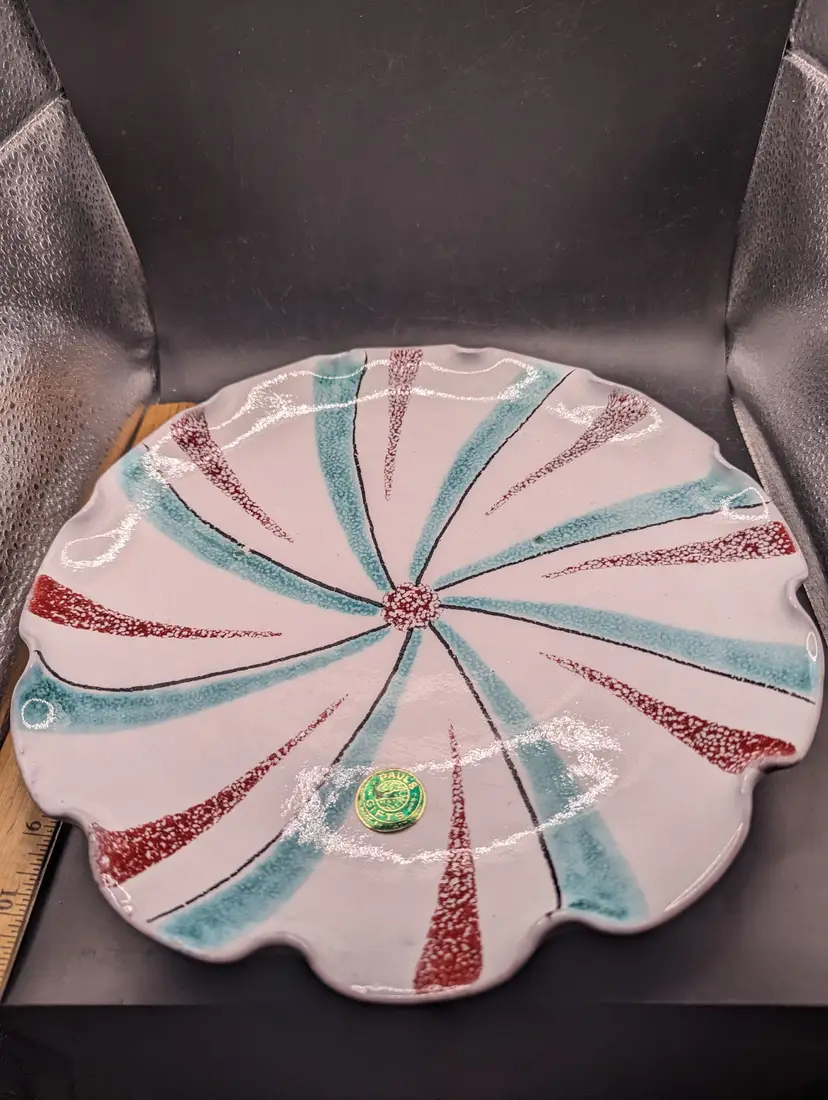 Vintage MID CENTURY ITALY ALVINO BAGNI MODERNIST FOOTED PLATTER PLATE- CIRCUS STRIPES