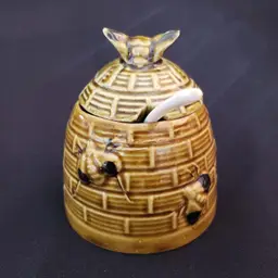 Bees Beehive Honey Jar & Lid Ceramic with Plastic Spoon Jelly Server Korea 3 1/2" Tall