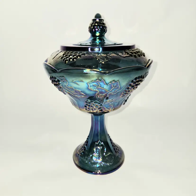 225  Indiana Carnival Glass Lidded Compote Harvest Grape Peacock Blue VTG GLOWS