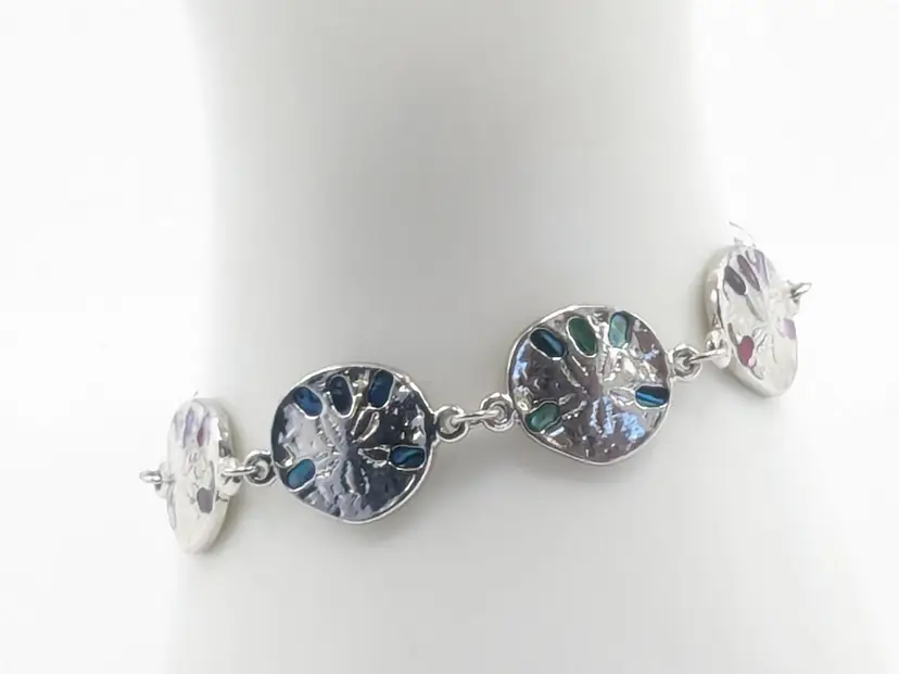 Sand Dollar Bracelet with Colorful Accents Silver Tone Beach Jewelry