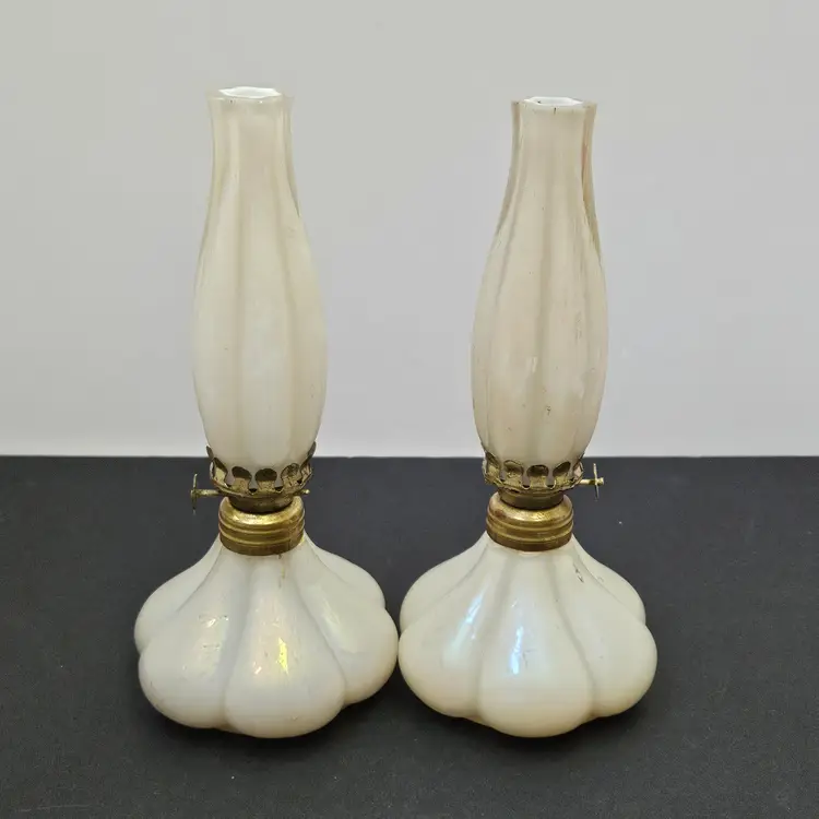 Pair Antique Pearlescent Cased Glass Miniature Oil Lamps