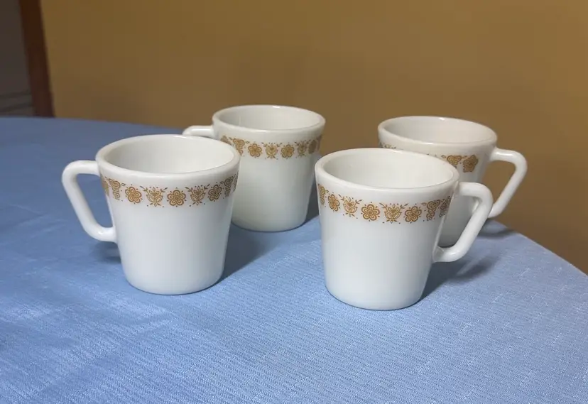 Pyrex Corning Corelle Butterfly Gold (Set of 4) D Handle Coffee Mugs Cups #1410