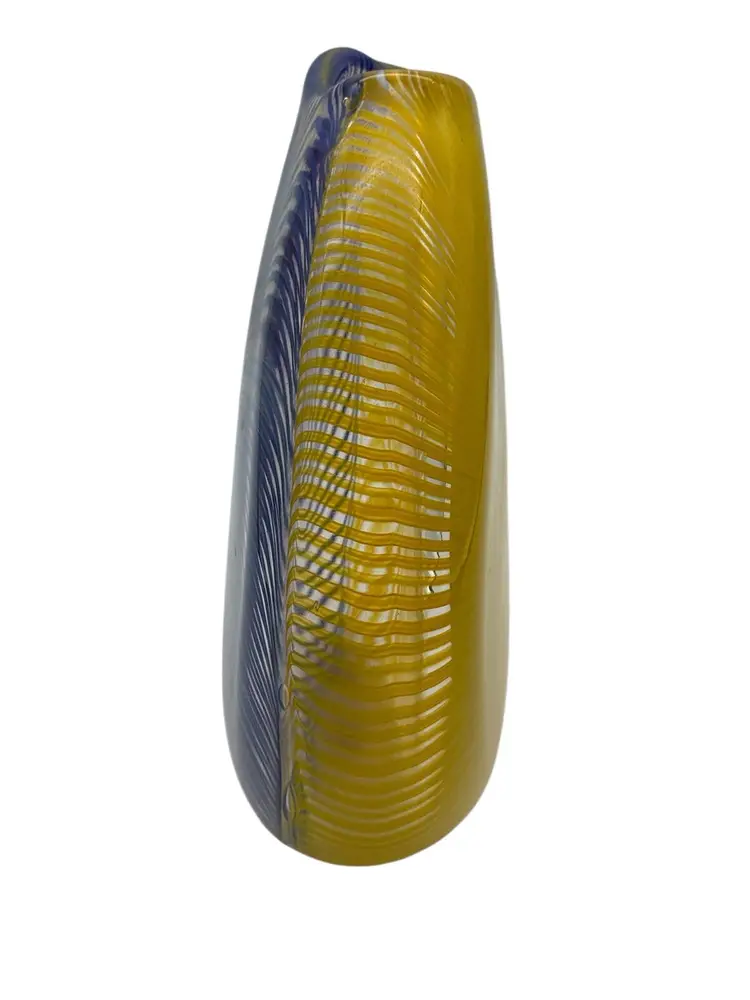 11. Peter Secrest Blue/Yellow Optic Swirl Round Vase (Naples, NY)
Measures 8” tall, 8” diameter, 2” deep