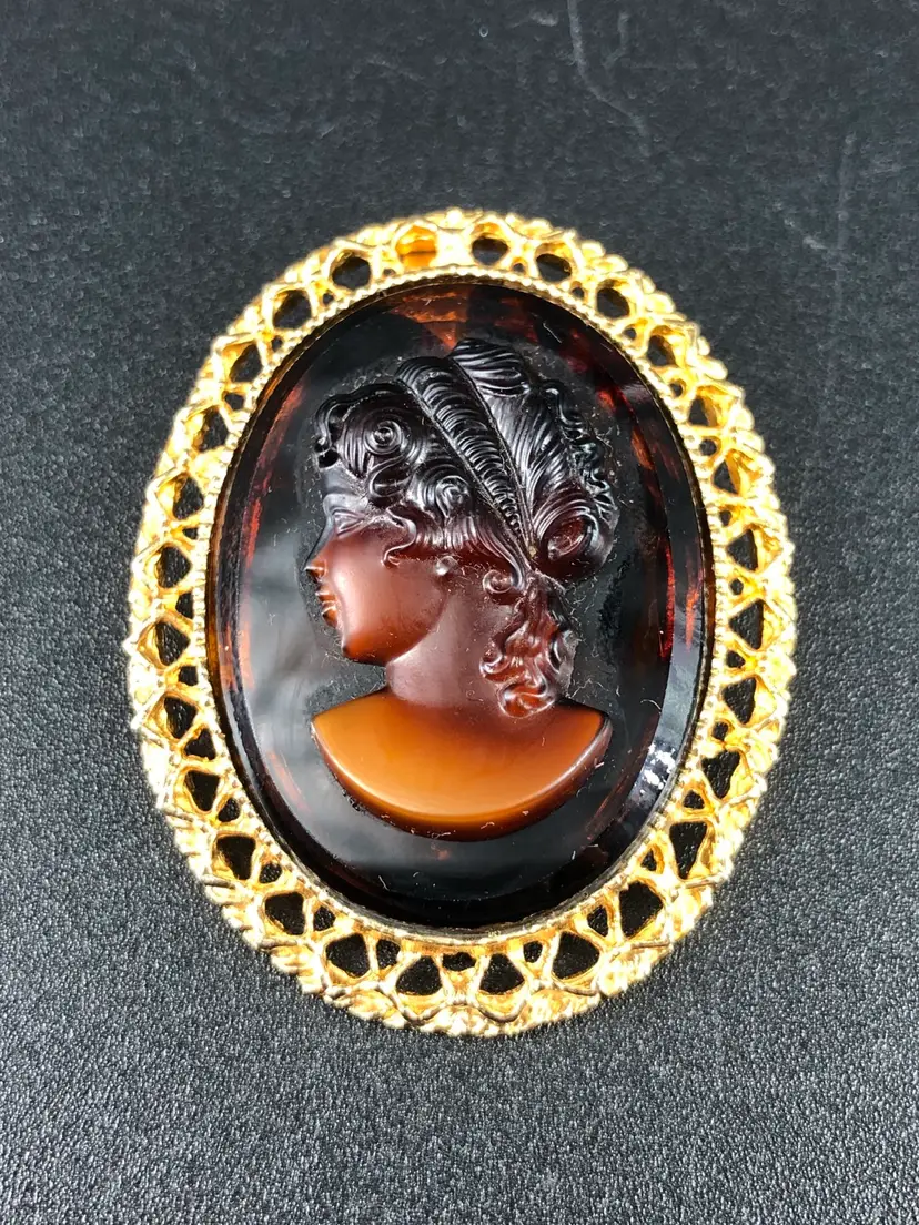 Vintage Tortoise Shell Gold-Tone Cameo Brooch Pin or Pendant