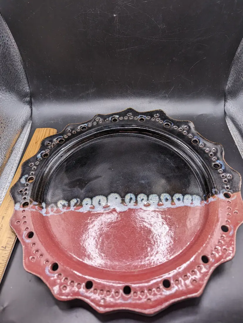 Studio Art Pottery Plate Platter Black and Red Pattern Stamped 10"