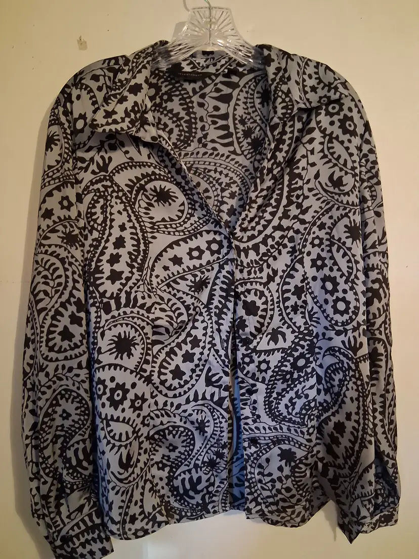 Ladies Size 16 Gray Button Down INVESTMENTS Silky LS Blouse Black Designs (B30)
