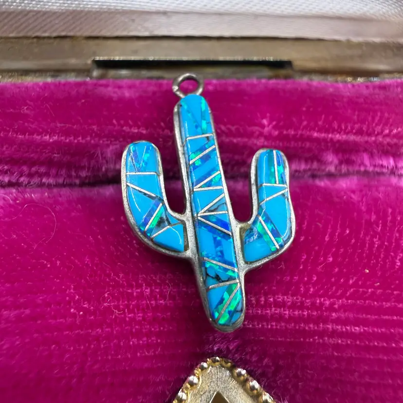 Petite Saguaro Cactus Pendant 925 Denim Lapis and Opal Handcrafted Silver