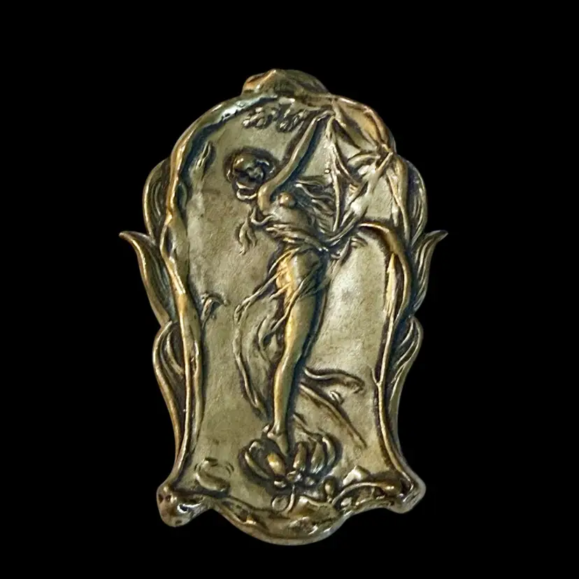 Vintage Art Nouveau Nymph on Lotus Pressed Metal Brass Brooch