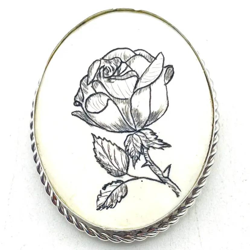 STERLING Brand Oval Rose Brooch Etched Floral Design White Enamel Pendant 11728