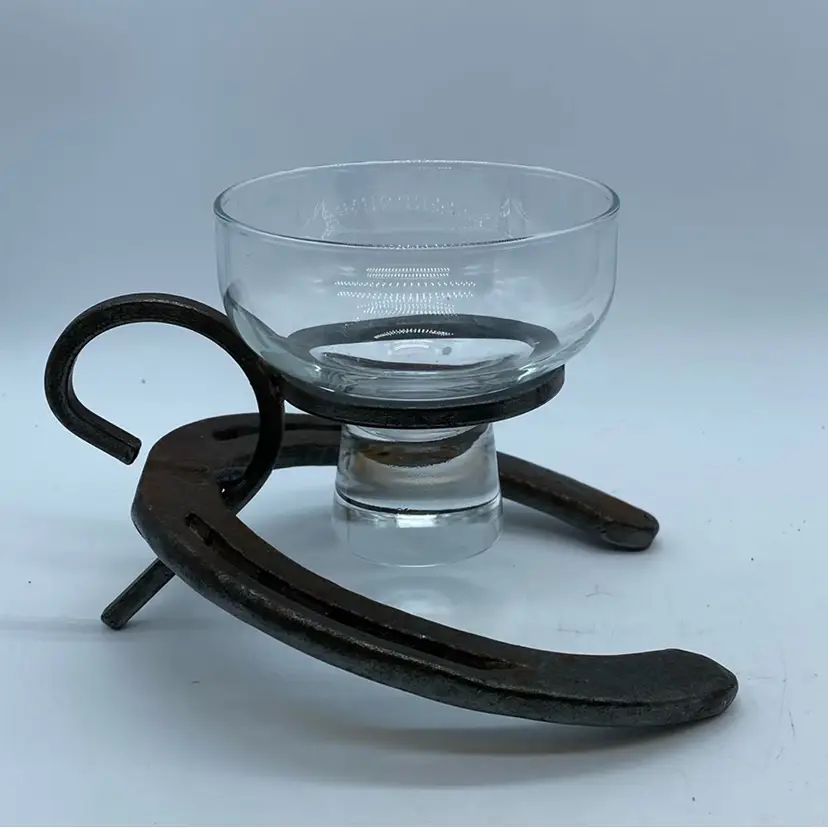 #3528 Primitive rustic handmade metal votive holder with glass insert, 7" x 4".