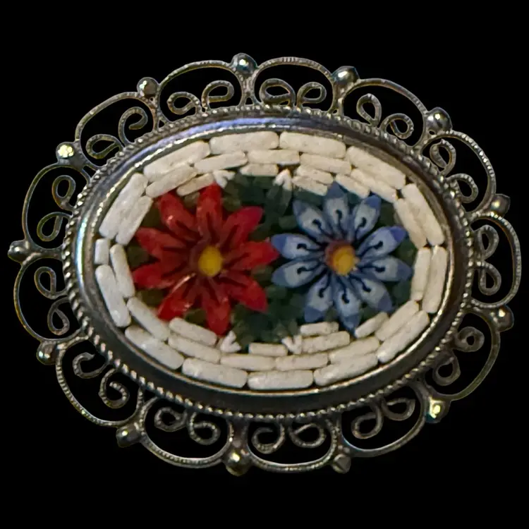 Micro Mosaic Flower Brooch 1.5”