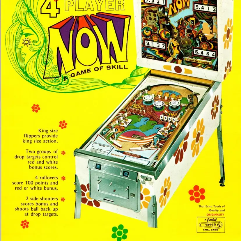 Now Pinball FLYER Original 1971 Vintage Game Mod Psychedelic Groovy Pop Art