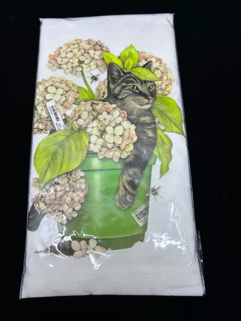 New Mary Thompson Lake Flour Sack Dish Towel, Tabby Cat In Hydrangea Flower Pot