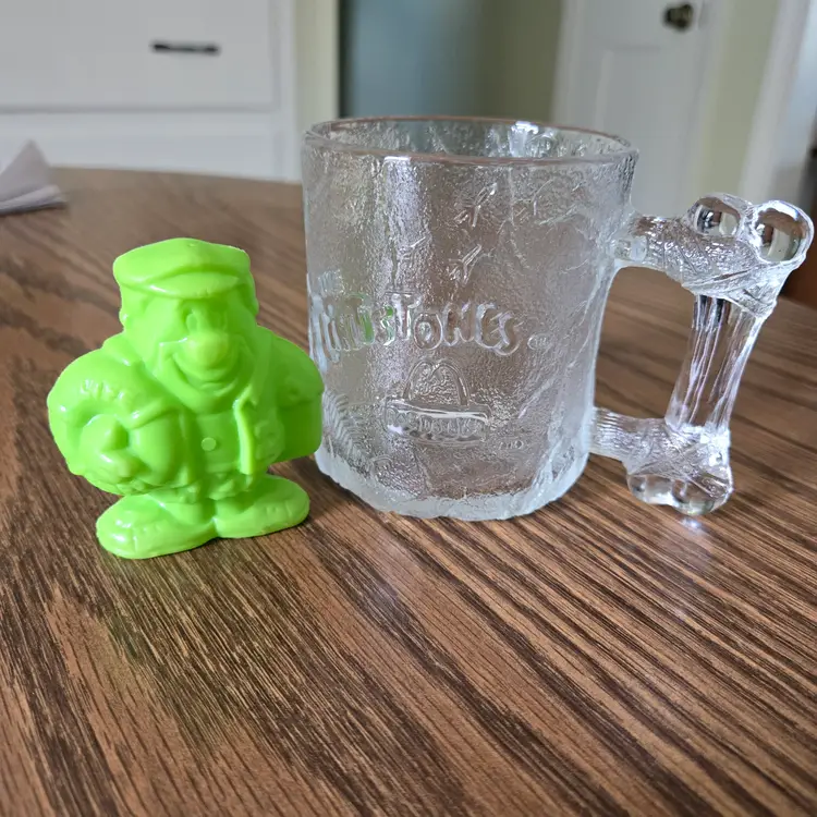 VTG Flintstones Glass Pre Dawn Mug w/ Bone shaped handle & Fred Flintstone Toy