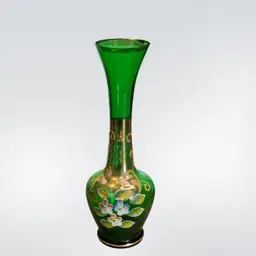 37. Vintage Czech Bohemian Glass Vase Emerald Green Hand Painted